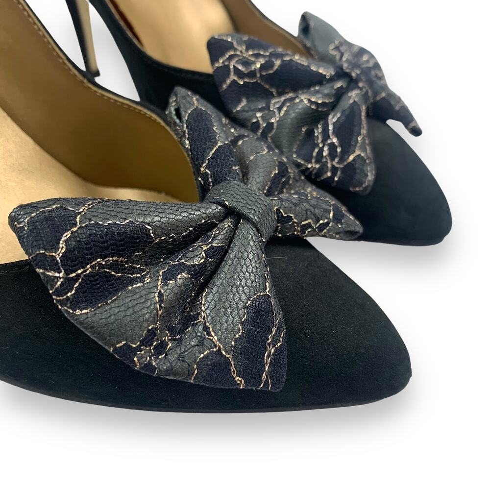 1960's German designer ANDRE black nubuck suede stiletto pumps large lace bow